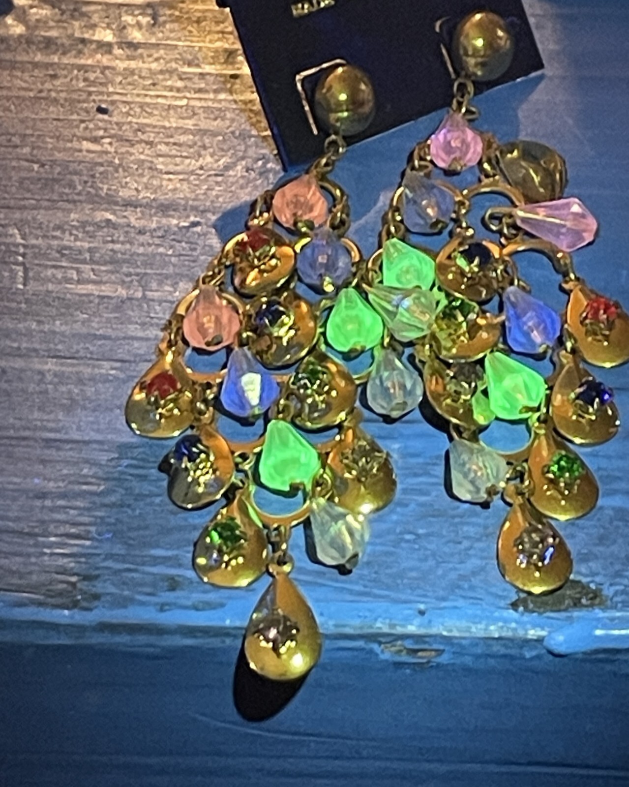 new 3.5 in long post Earrings gold tone Chachki earrings glow under black light