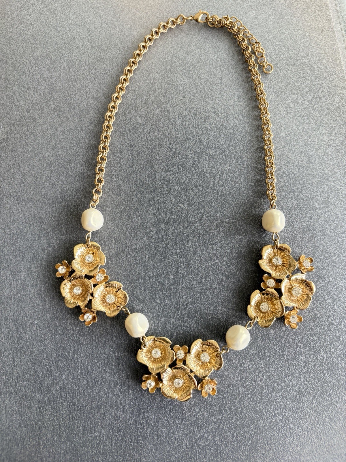 Gold Tone Cherry Blossom Cluster Necklace Icy Rhinestones Faux Pearls 18” Bridal