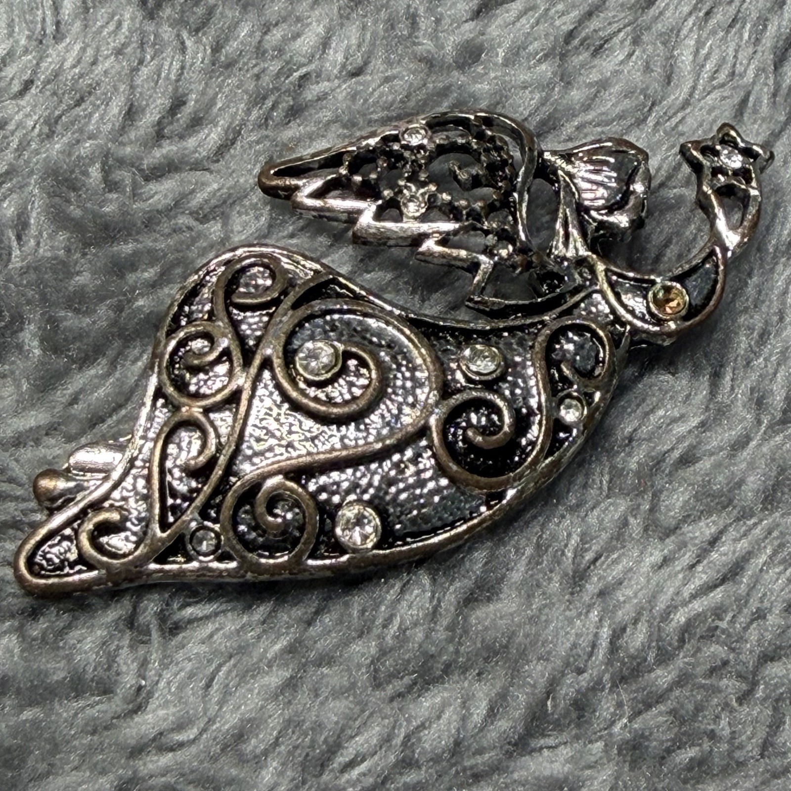 Silver Tone Angel Brooch Pin Clear Round Rhinestones Metal 2.5 in