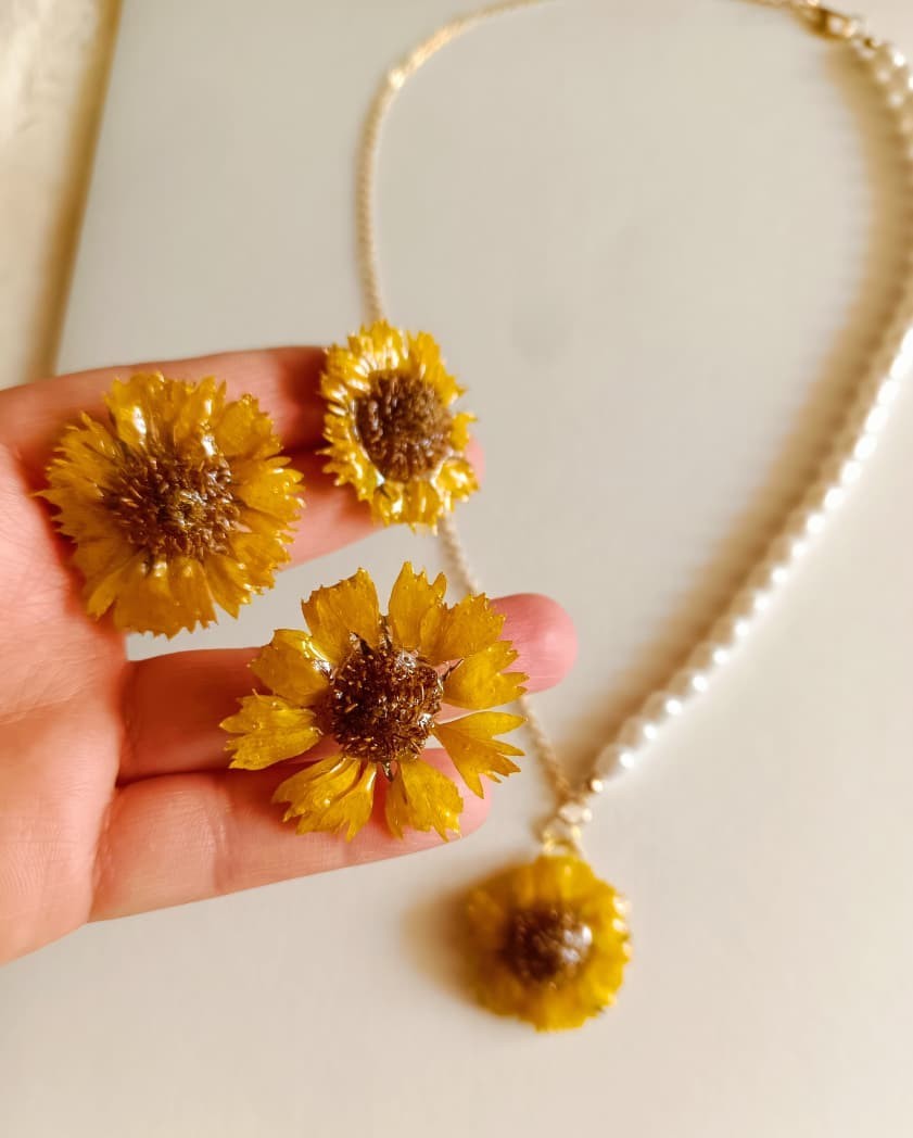Real Pressed Sunflower Daisy Necklace Dangle Earrings Set Aesthetic Jewelry Gift