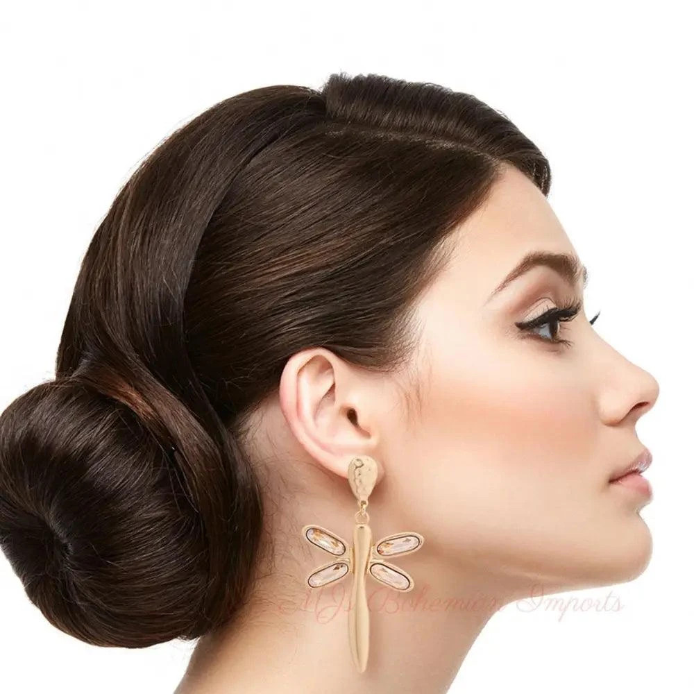 Gold Matte Topaz Crystal Dragonfly Drop Earrings