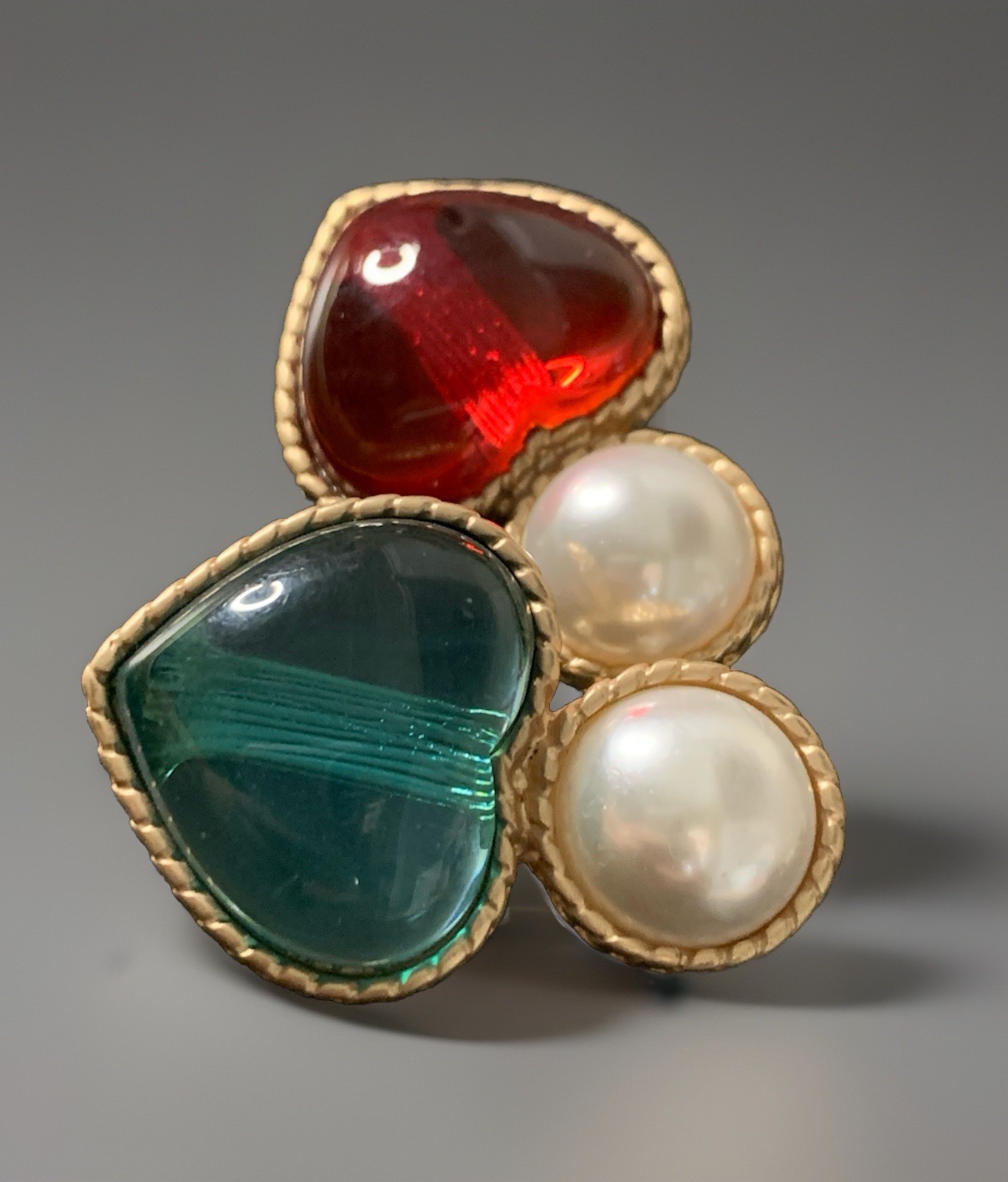 French Gripoix Style Heart Clip On Earrings Pearl Red glass heart Gold Tone