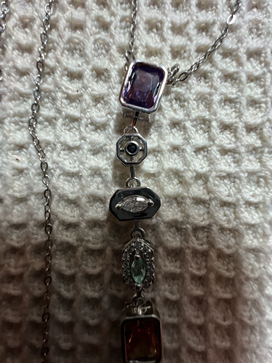 Multi-Stone Vertical Bar Lariat Necklace in Stainless Steel with Faceted Gemston