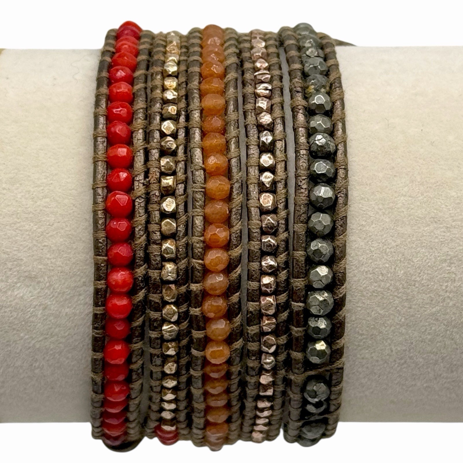 Chan Luu Red Coral Bronze Crystal Multi Wrap Leather Bracelet Adjustable
