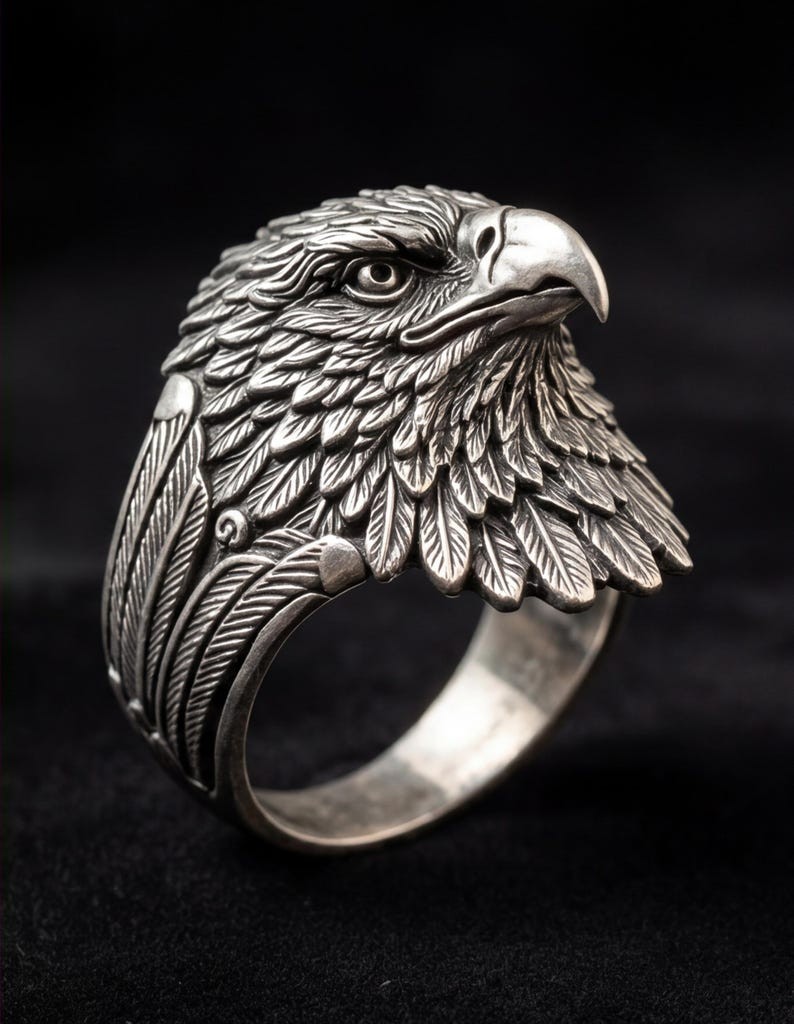925 Sterling Silver Eagle Head Ring Mens Vintage Oxidized Statement Band New