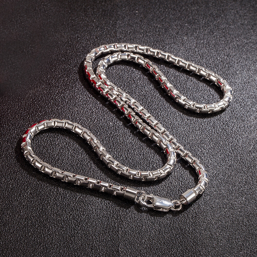 Genuine 925 Sterling Silver 5mm Box Chain Necklace Clasp 18″-26″ for Men & Women