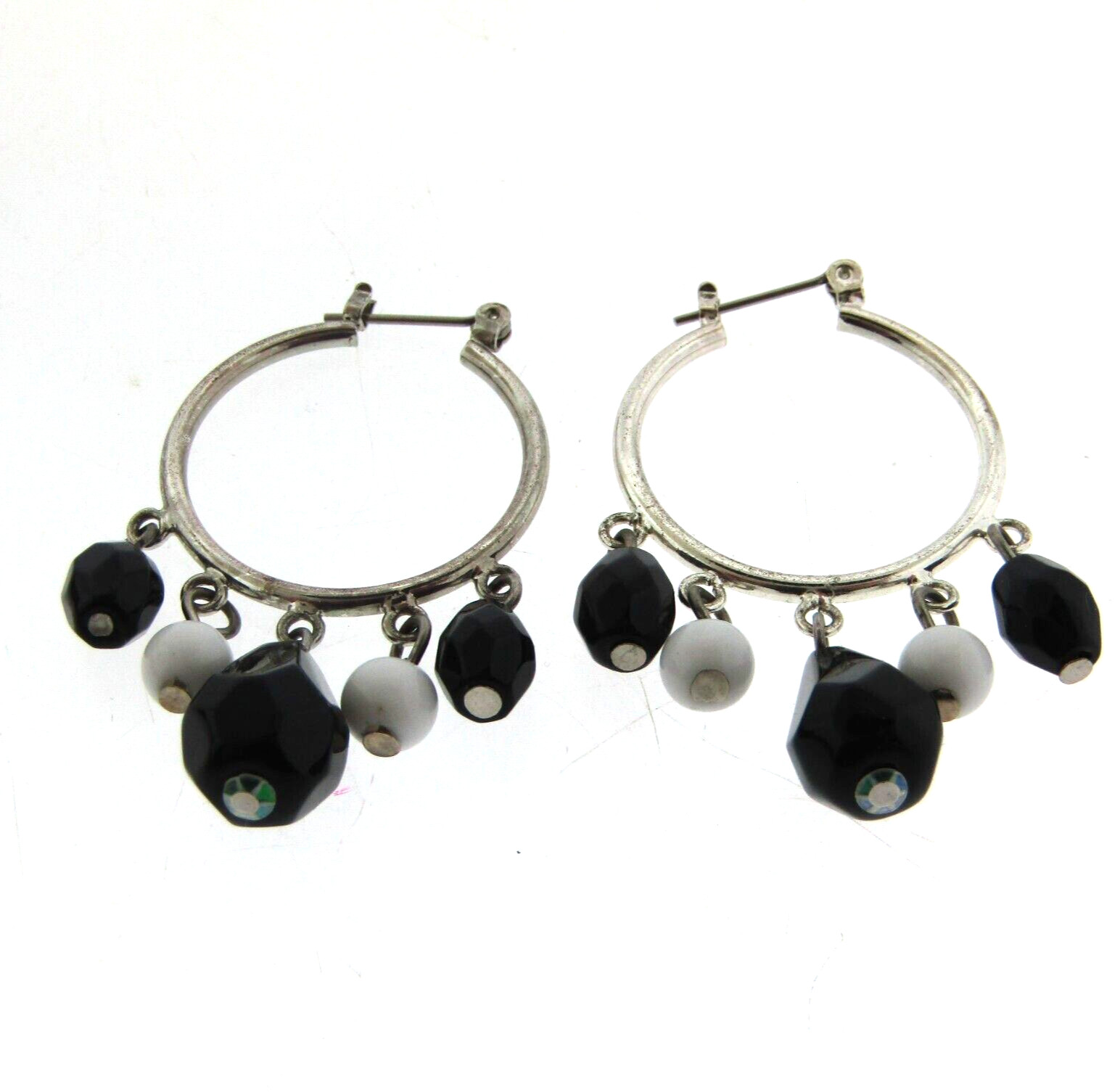 Black Glass Bead Drop Dangle Hoop Earrings 1.75 inch