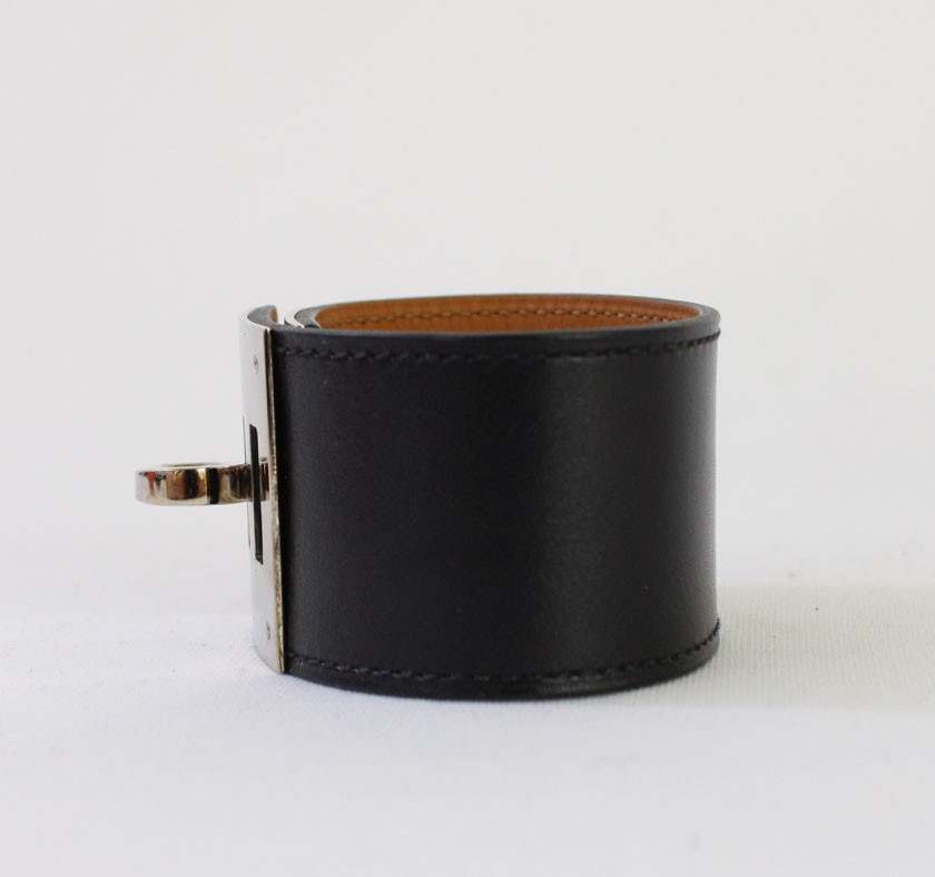 Hermes Auth Black Swift Leather Kelly Dog Cuff Bracelet Palladium Hardware