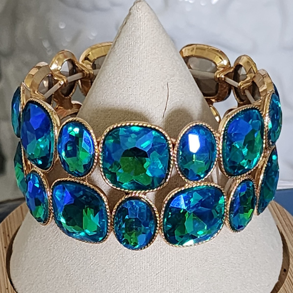 Gold-Tone Blue & Green Cushion AB Crystal Bezel Stretch Slip-On Bracelet NWOT
