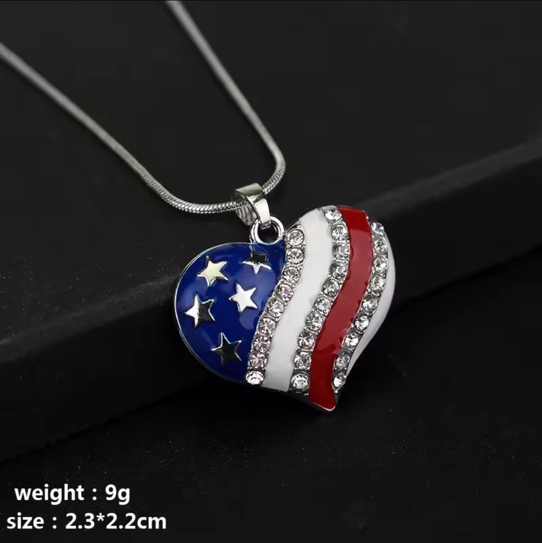 USA American Flag Rhinestone Heart Necklace Patriotic Fashion Jewelry