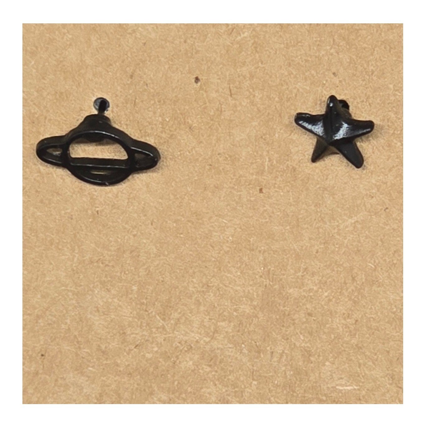 Black Saturn and Star Asymmetrical Stud Earrings Celestial Space Jewelry