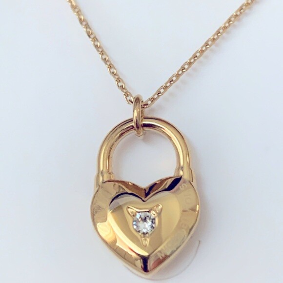 MICHAEL KORS Yellow Gold Necklace Crystal Chip Heart Padlock MKJ7443710 + MK BOX