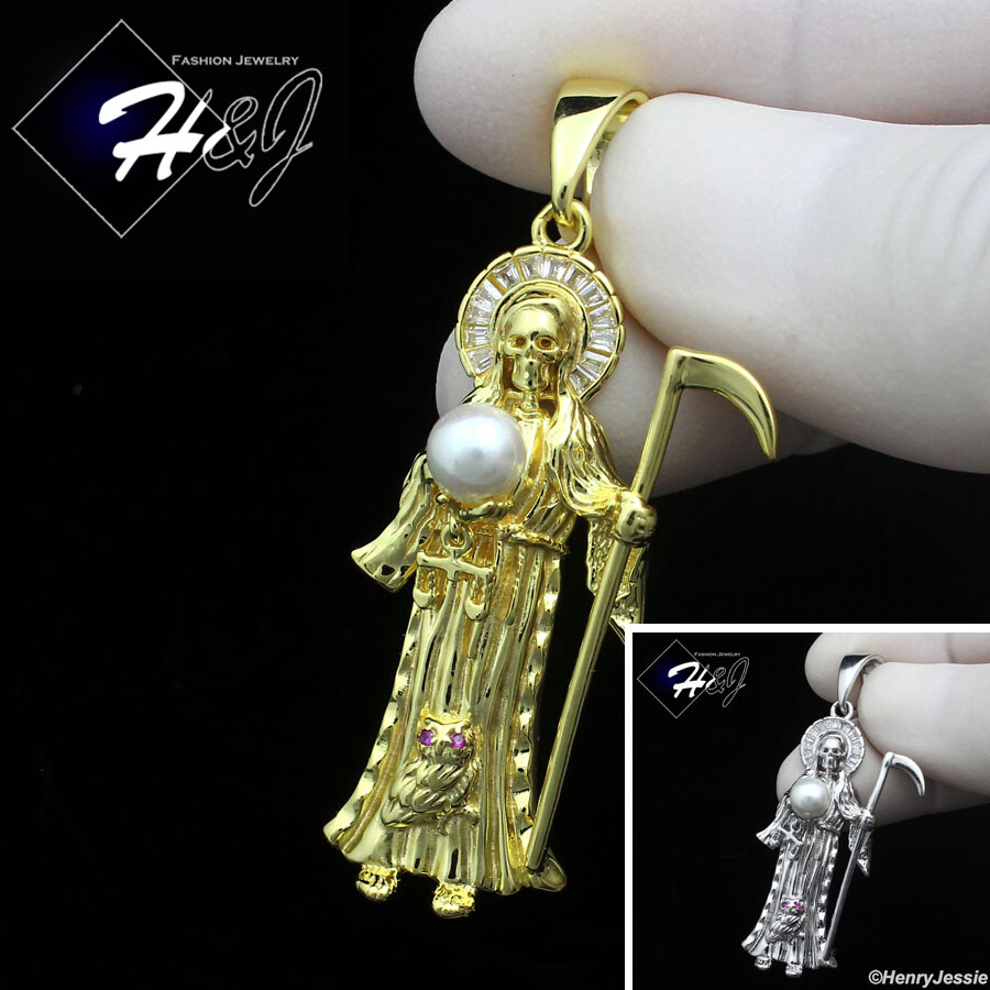 MEN 925 STERLING SILVER ICY CZ GOLD PLATED/SILVER 3D SANTA MUERTE PENDANT*SP441