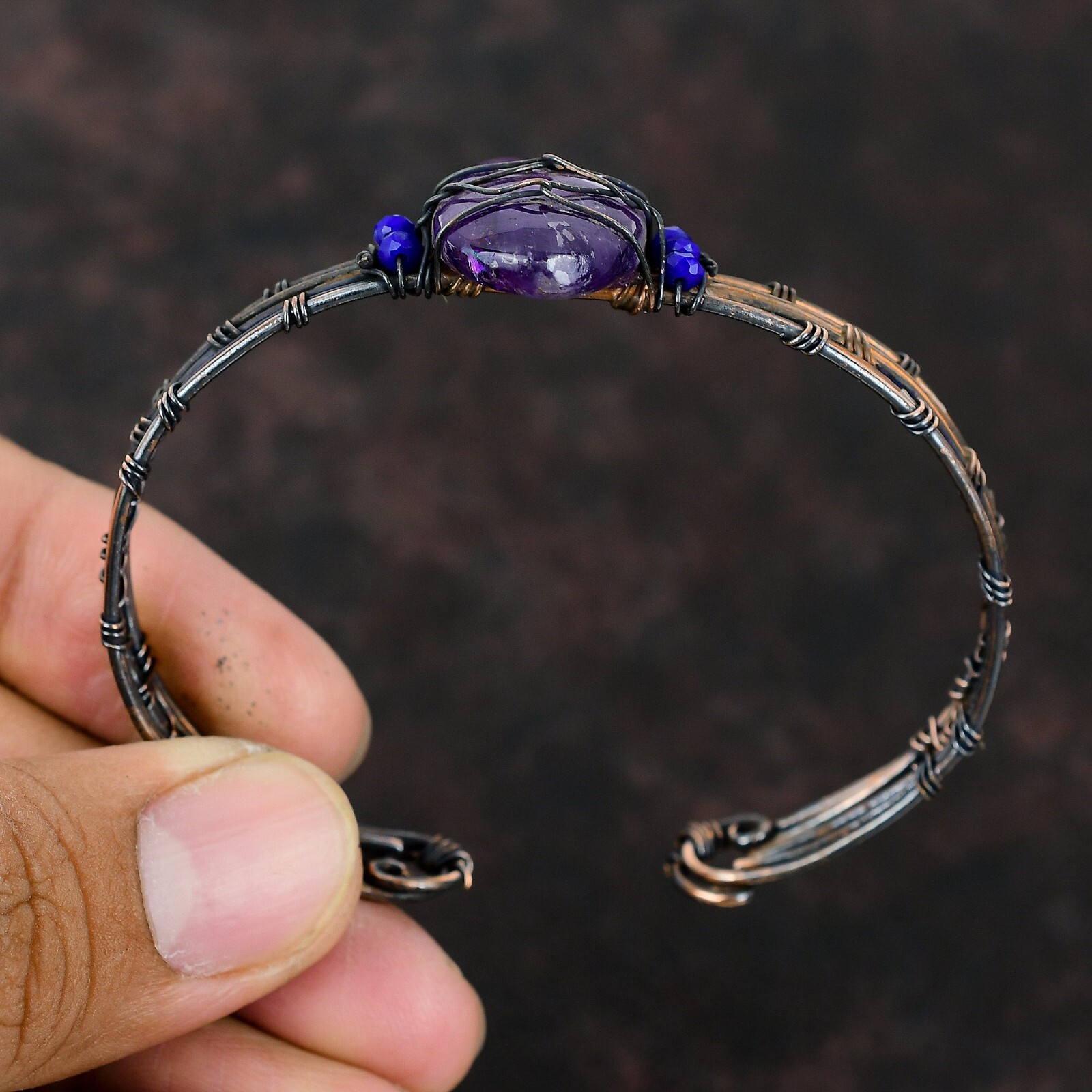 Star Amethyst Wire Wrapped Adjustable Cuff Handcrafted Copper Gift