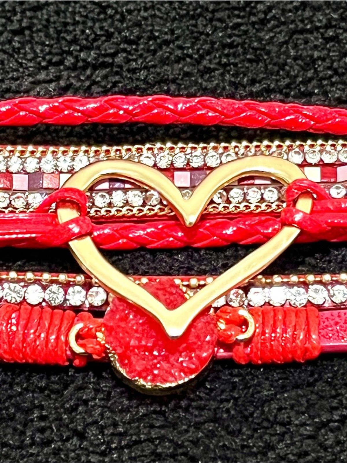 Boho Red Layered Leather Cuff Boutique Magnetic Bracelet Gold Heart Druzy Clasp
