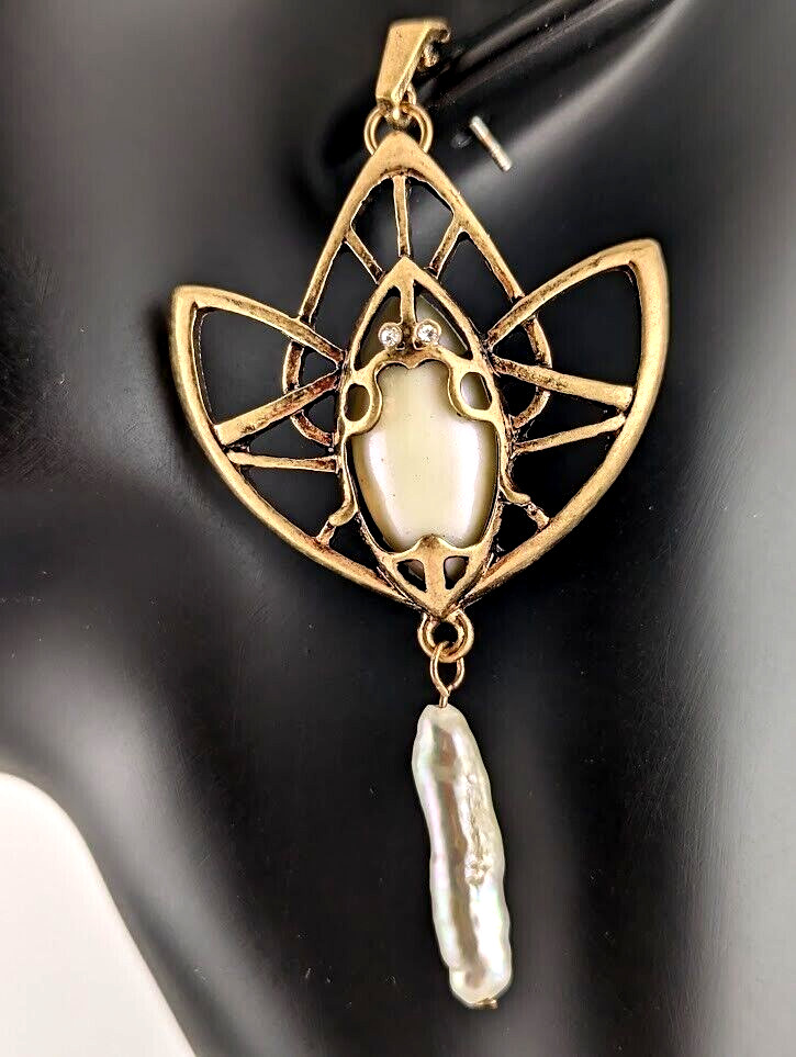 ART DECO LOTUS EARRINGS brass real keshi pearl nouveau geometric flower white V5
