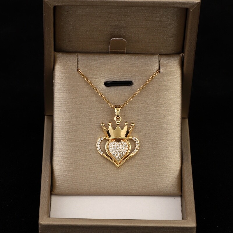Women’s Fashion Jewelry Cubic Zircon Gold Heart Crown Pendant Necklace 479