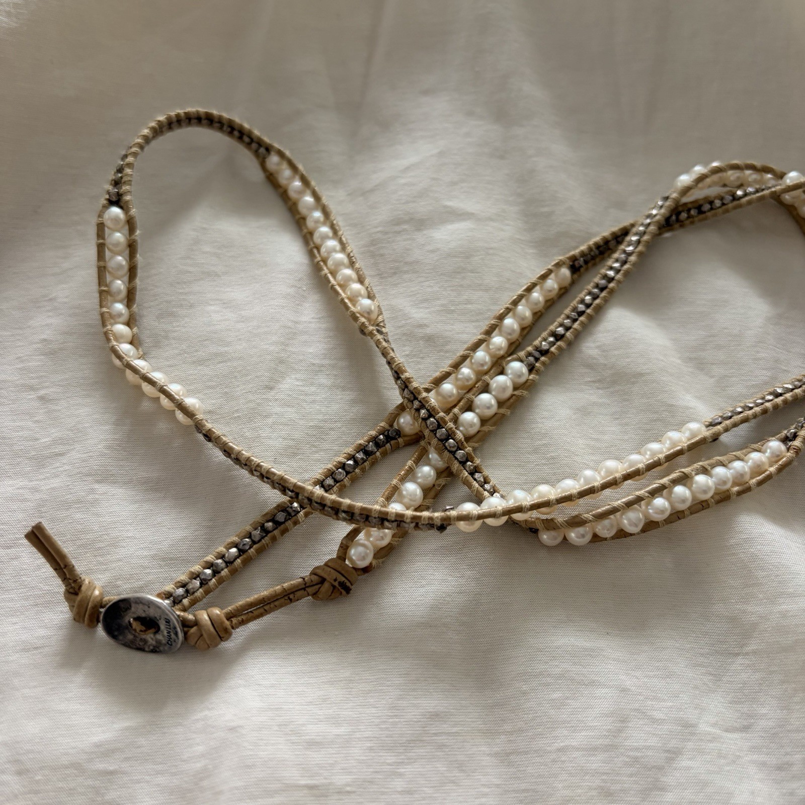 CHAN LUU 5 Wrap Bracelet Pearl & Silver Beads Leather Boho Style