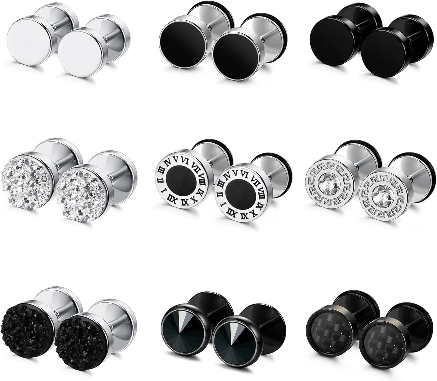 FIBO STEEL 9 Pairs Fake Gauge Earrings for Men Women Stainless Steel Stud Earrin