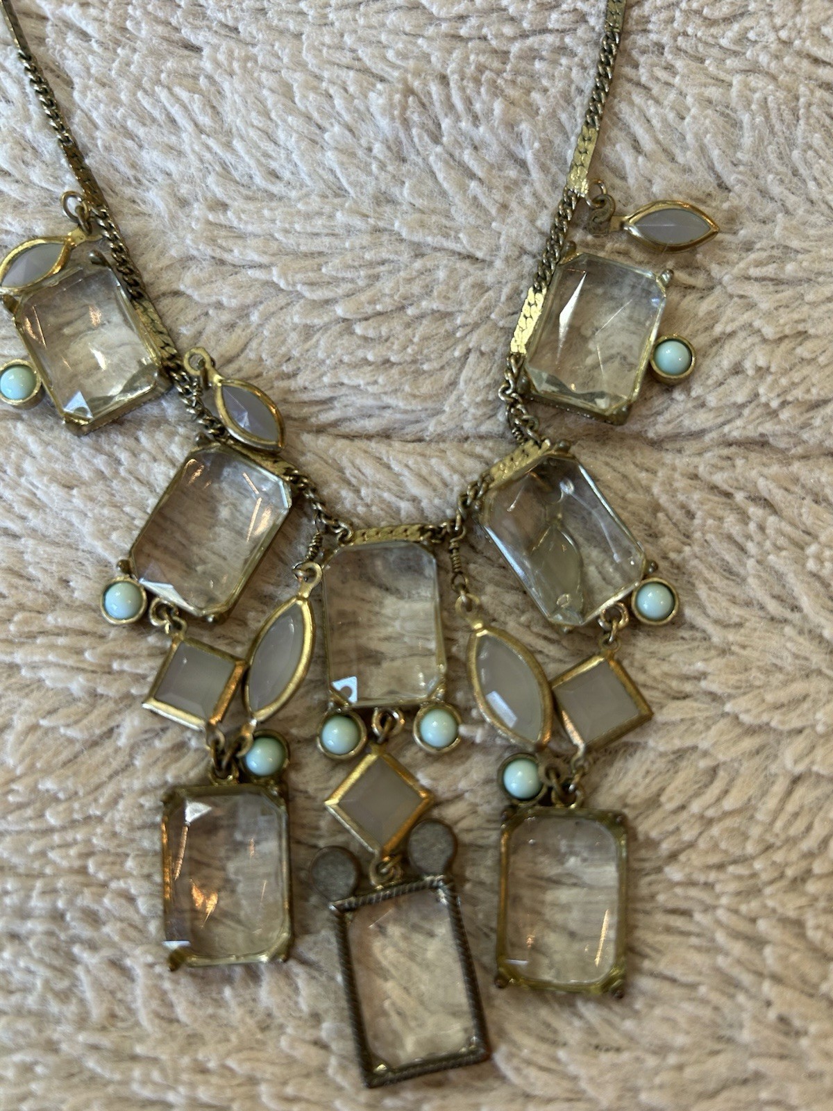 Gold Tone Statement Necklace Clear Rectangle Crystal Charms Adjustable 19-24in
