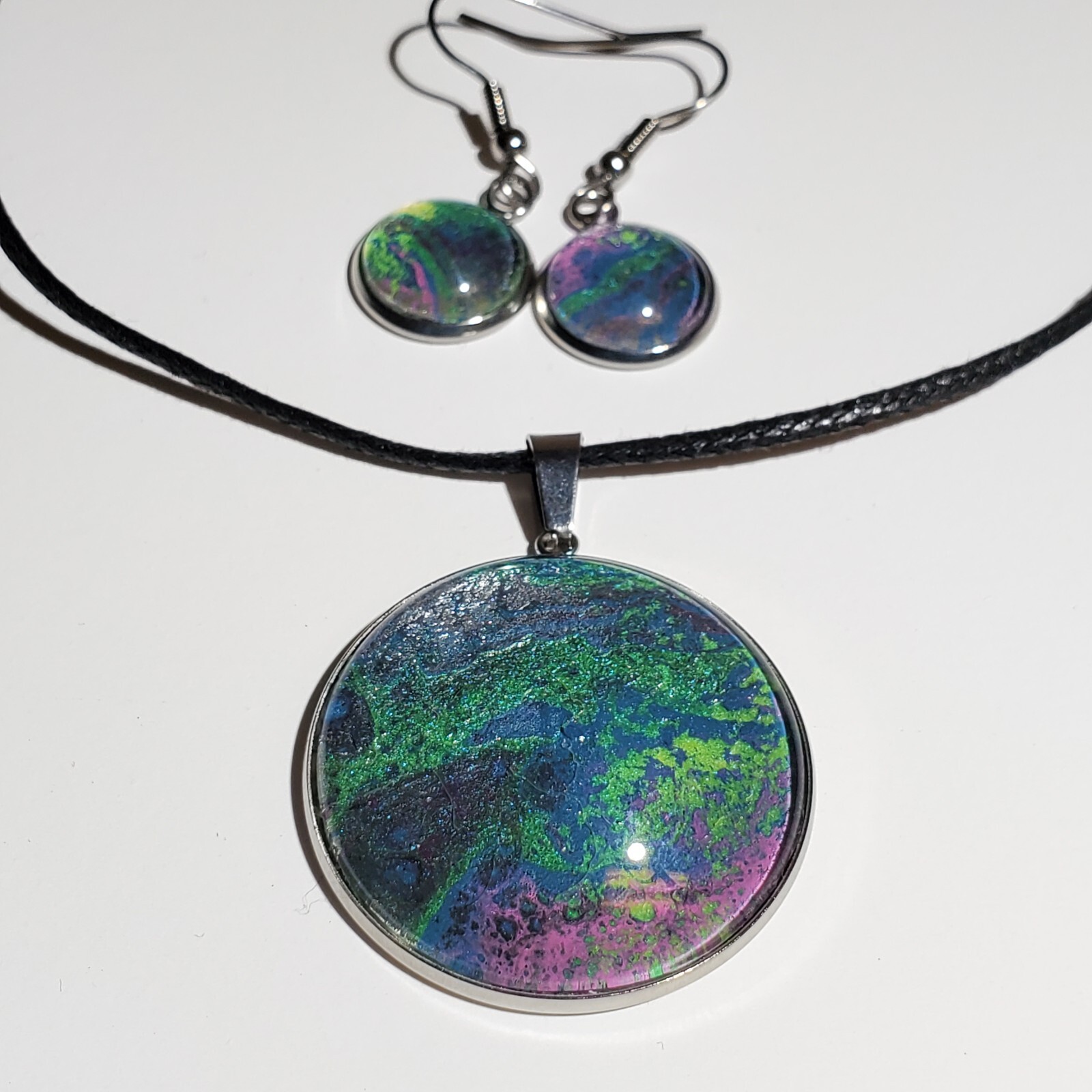 Necklace and Earrings Set, Acrylic Paint Pour Painting Jewelry, A15