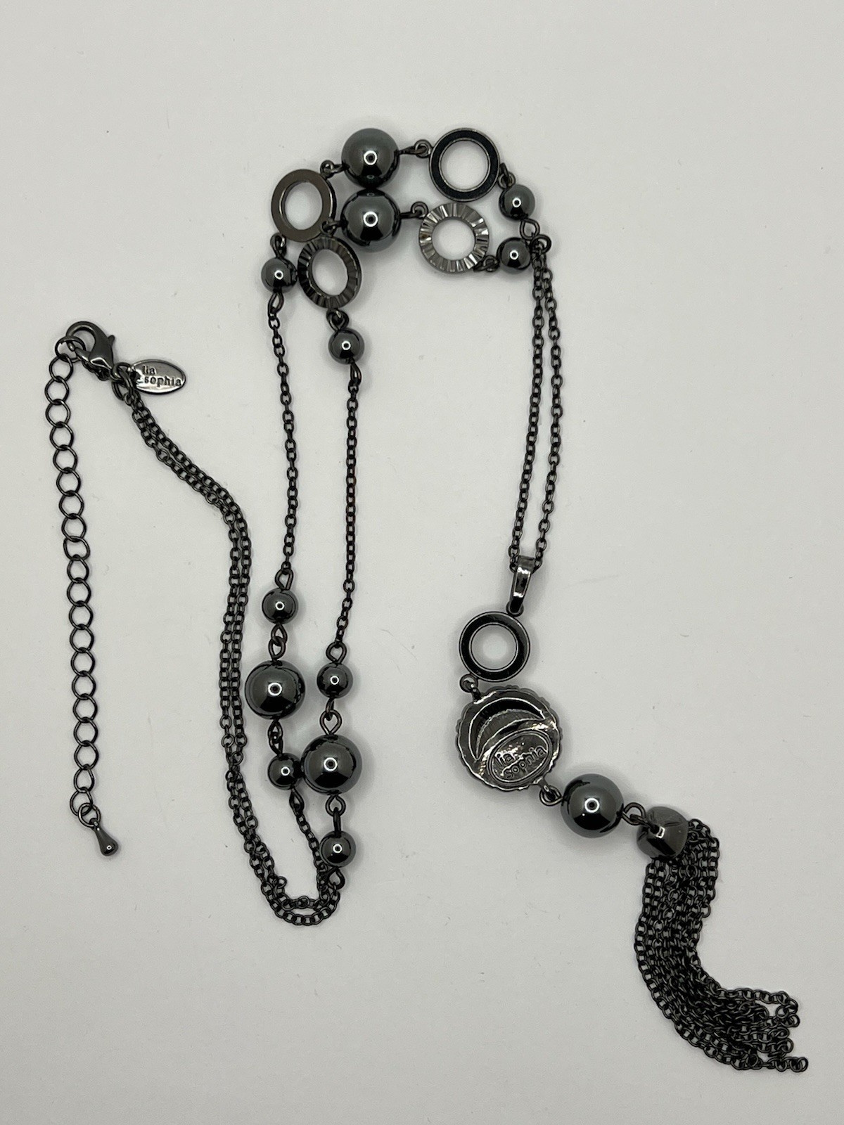 Lia Sophia 27 Inch Long Gunmetal Tone Necklace, Hematite Tone Beads & CZ EUC