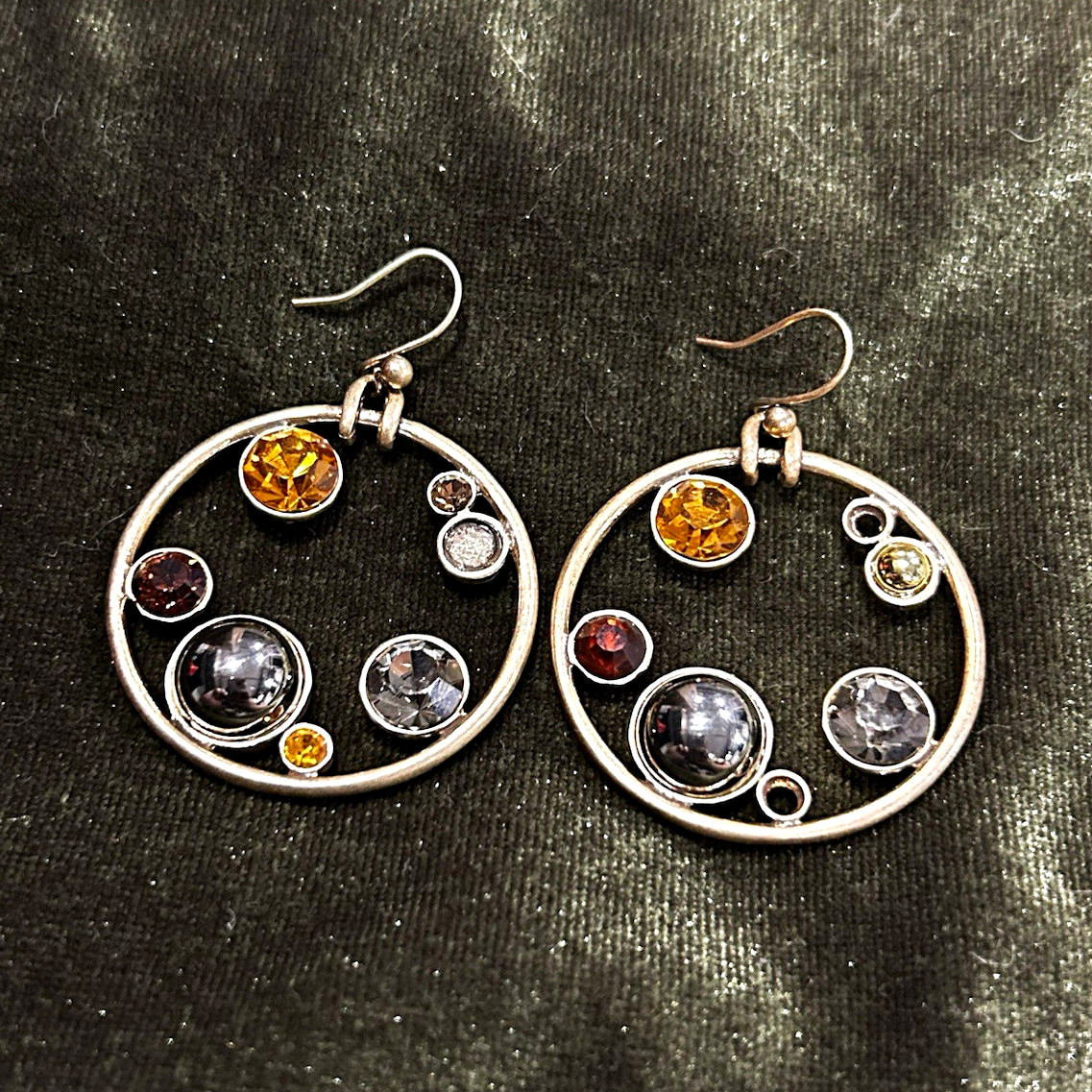 Silver Tone Round Dangle Drop Earrings Multicolor Crystal Hook For Lobe