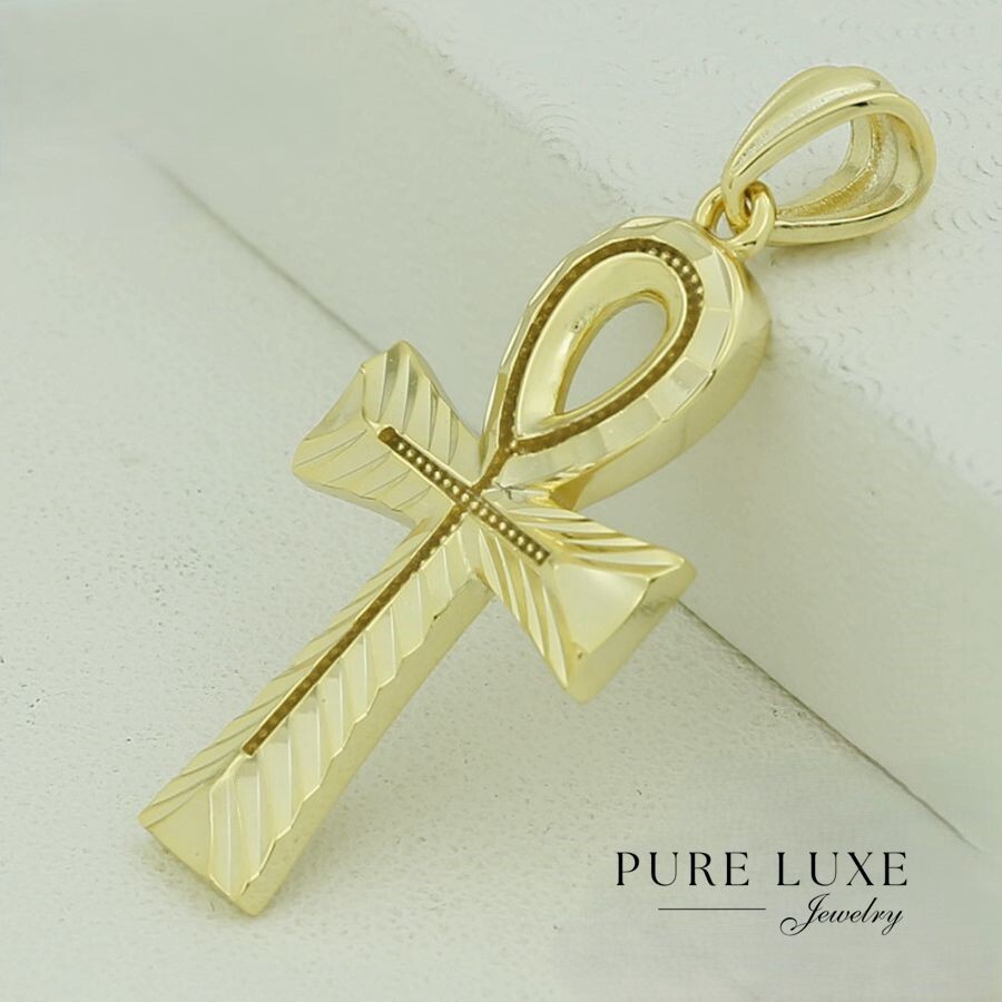 925 Sterling Silver Ankh Cross.38mm Diamonds cut Small Charm,Gold Plated,BOX