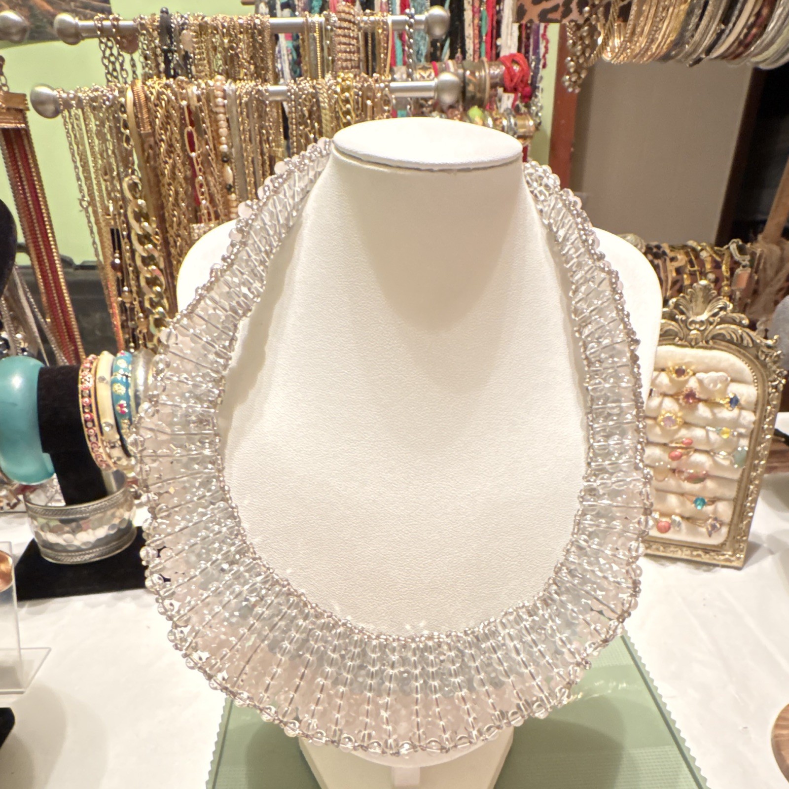 Statement Beaded Necklace Round Clear Crystal/Glass Beads Pink/Gray Adjustable