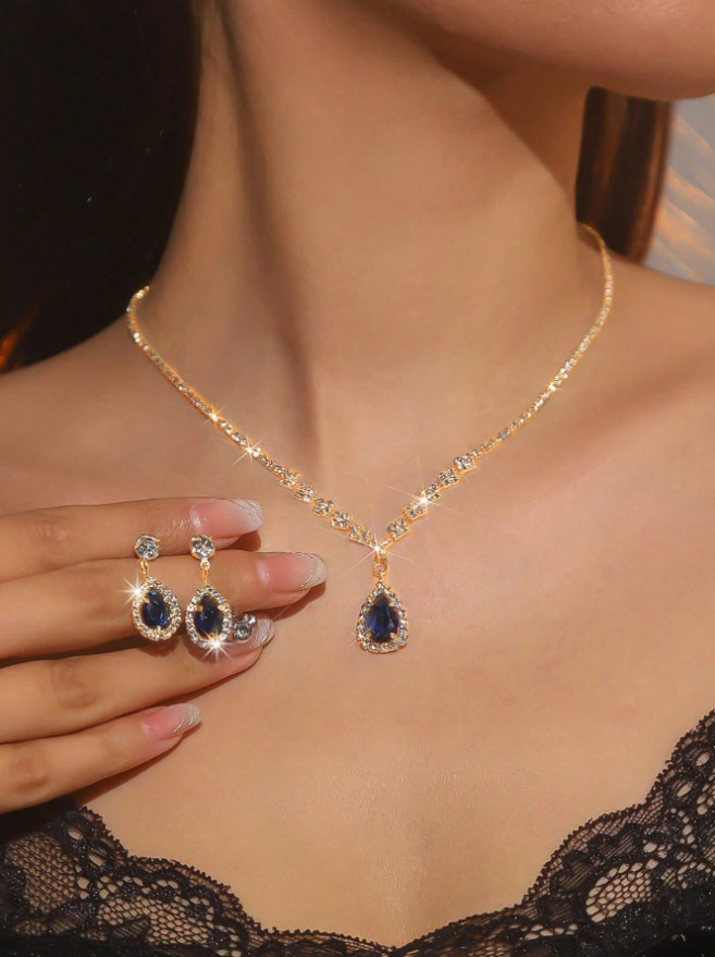 3 PCS New Women’s Silver Plated Zircon Pendant Necklace & Earring Jewelry Set US