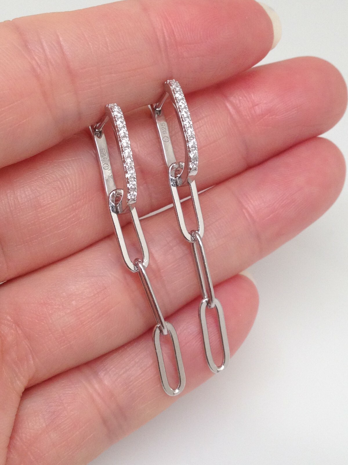 925 Sterling Silver Open Rectangle Paperclip Dangle Hoop Earrings CZ 45mm/1.77″