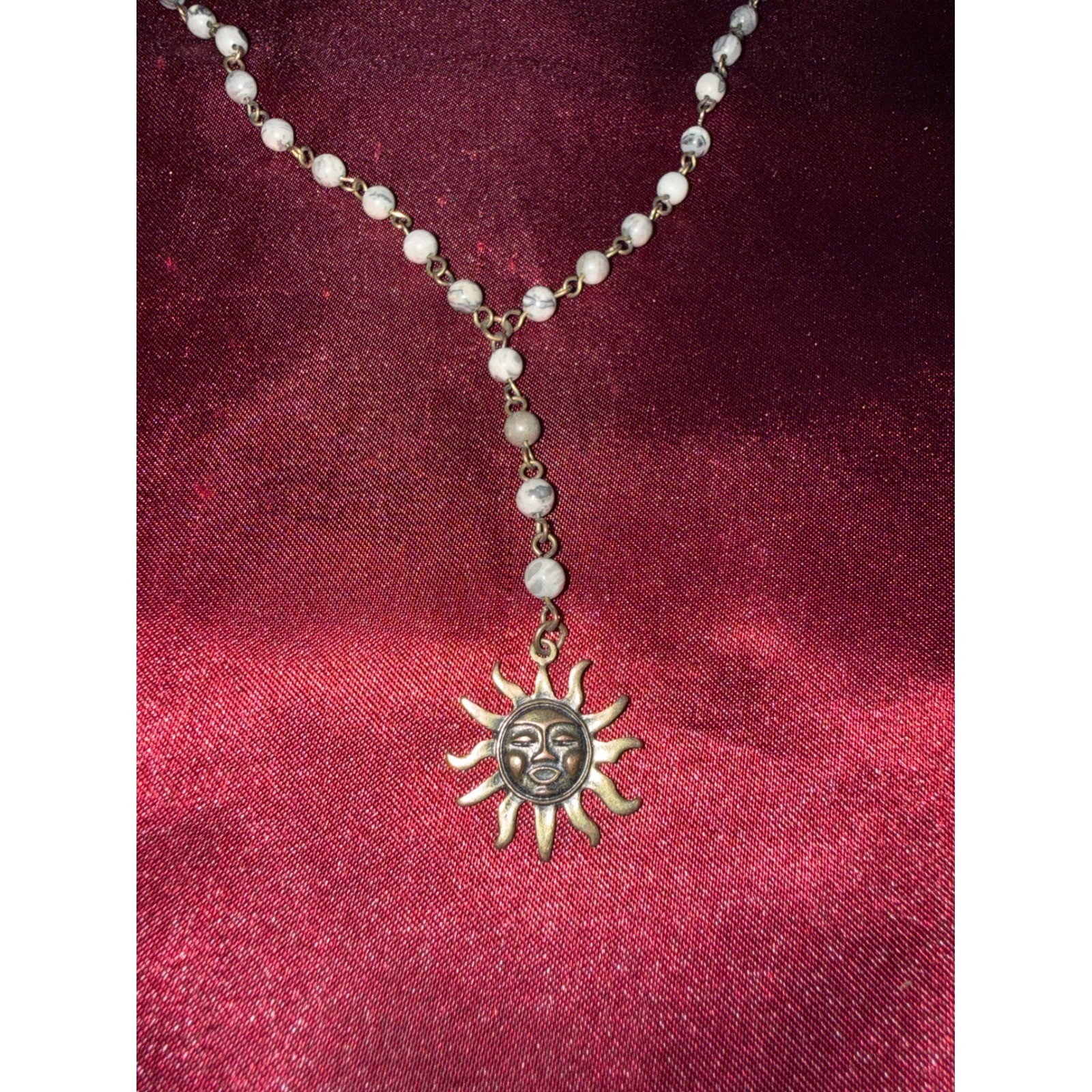 Celestial Sun Face Rosary Necklace Marbled Beads Antique Gold Tone Boho Y-Drop
