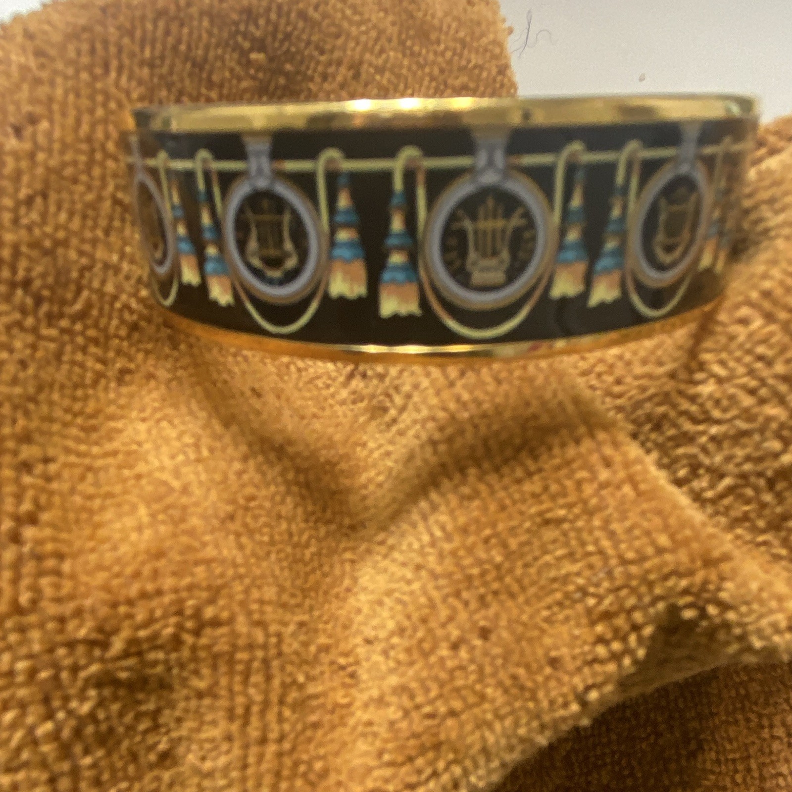 HERMÈS Paris Signed Enamel Bangle Bracelet Black Blue Gold Tone Multicolor