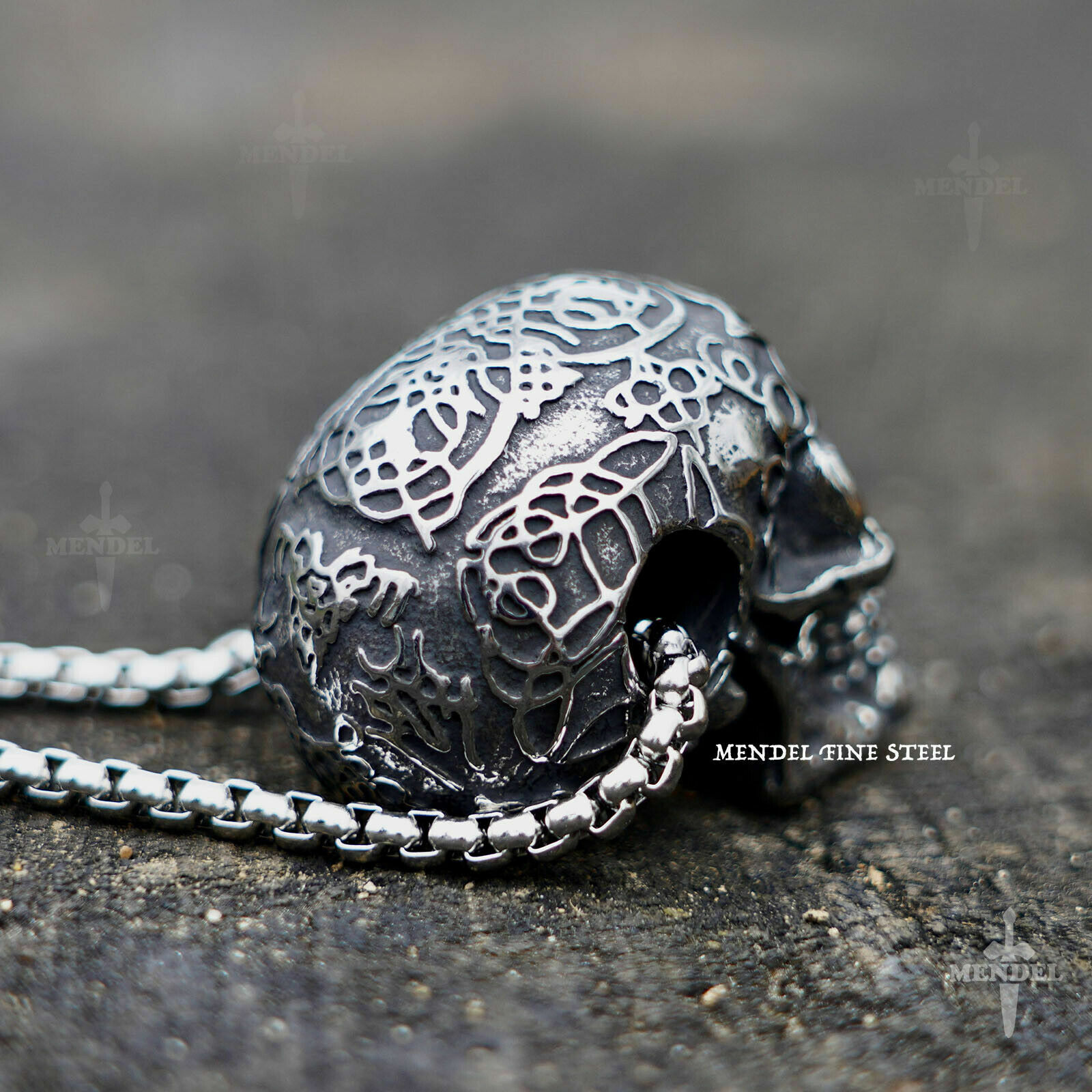 MENDEL Gothic Mens Biker Skull Pendant Necklace Men Stainless Steel Chain Silver