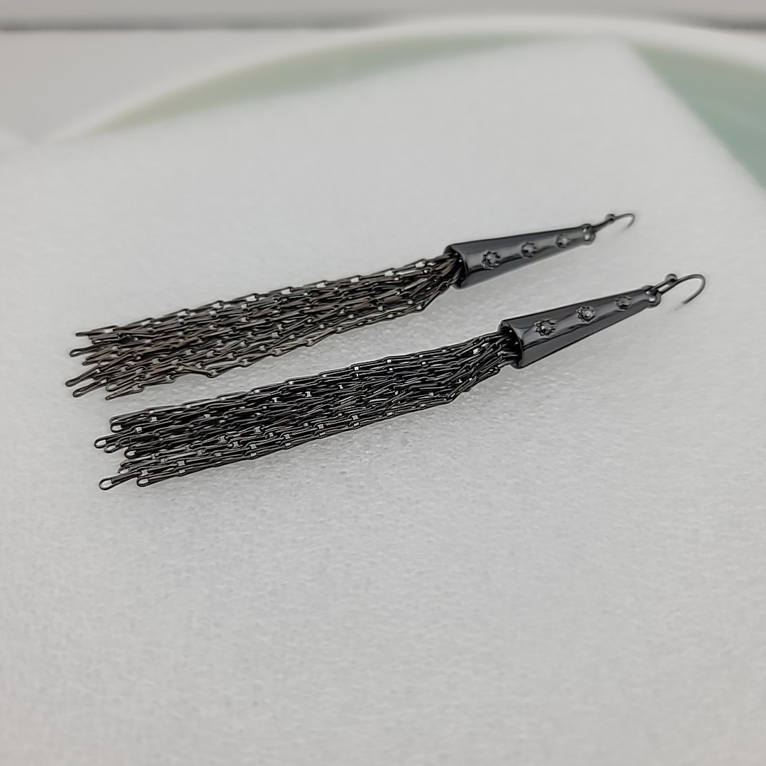 Gun Metal Grey Tassel Fringe Dangle Pierced Earrings