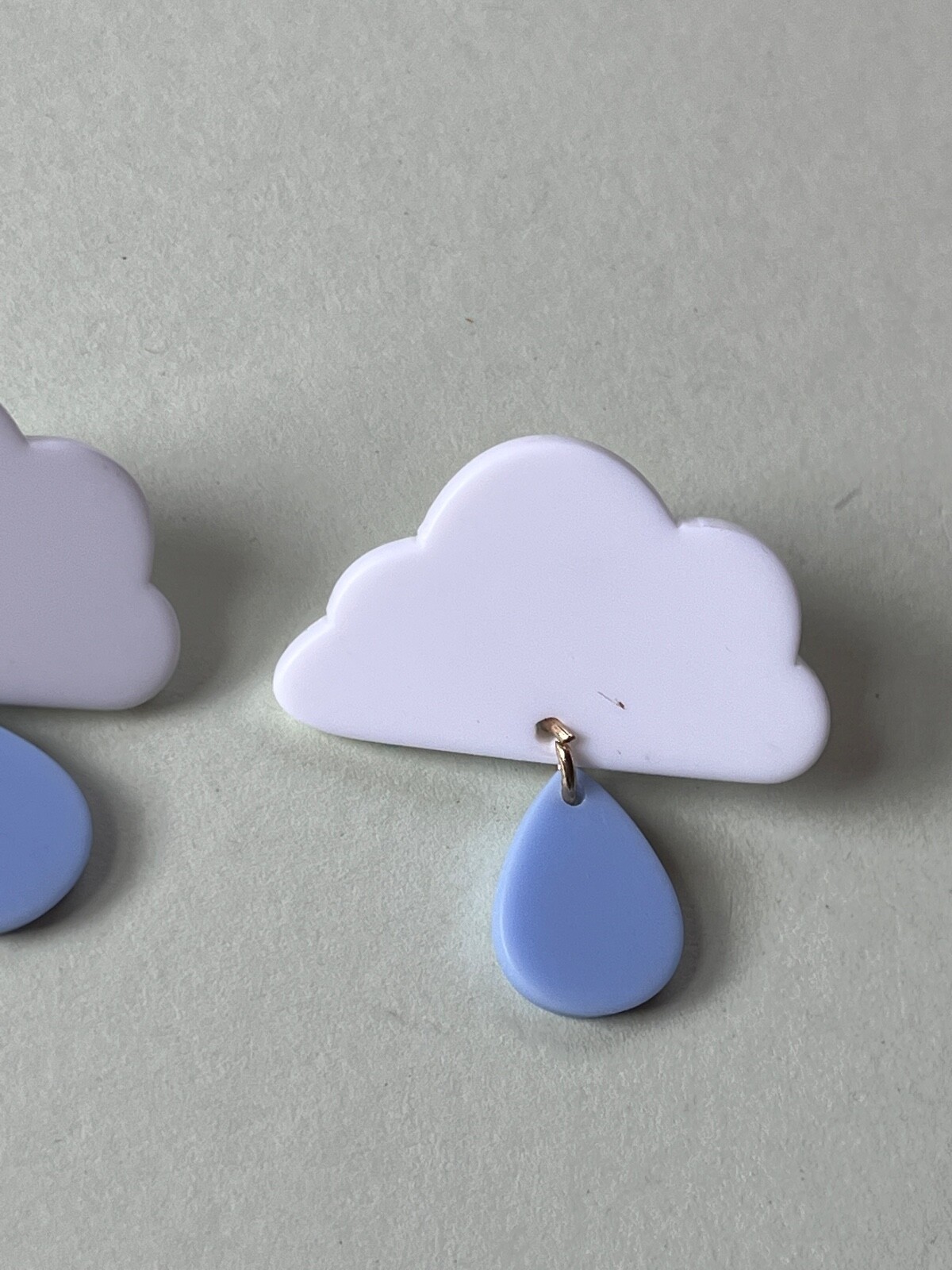 White Plastic Cloud w Light Blue Teardrop Raindrop Dangle Post Earrings for Pier