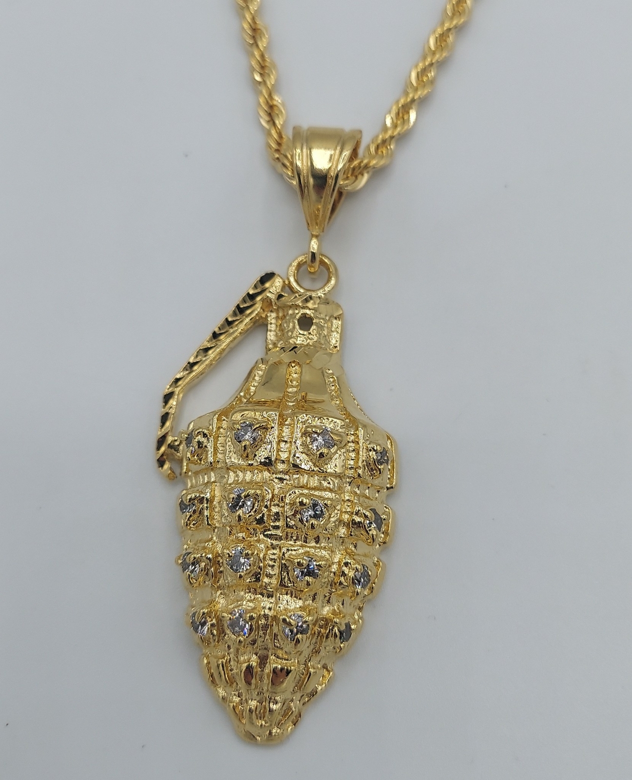 14KT GOLD EP GRENADE W/ CLEAR CZ CHARM & 16″TO 30″ 4MM ROPE CHAIN- 9255