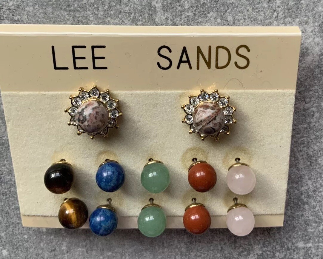 LEE SANDS Gold Tone Interchangible 6 Semiprecious Gemstones Pierced Earrings