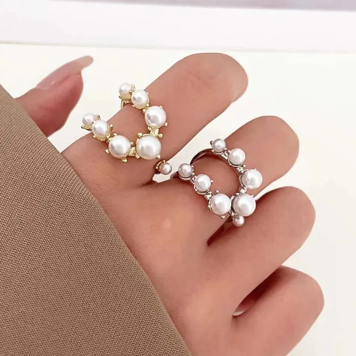 Adjustable Vintage White Pearl Double Layer Geometric Crystal Mood Tracker Ring