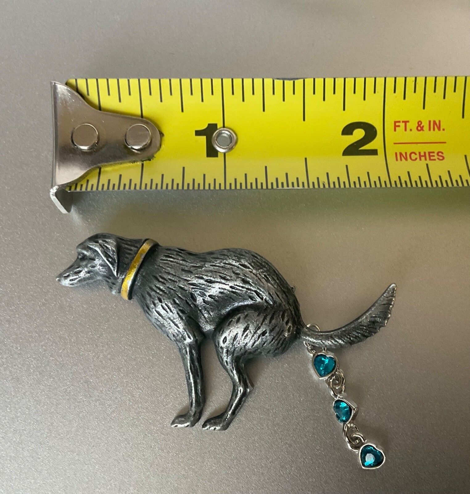 Novelty Labrador Dog Pooping Pin Silver Tone with Blue Rhinestone Hearts