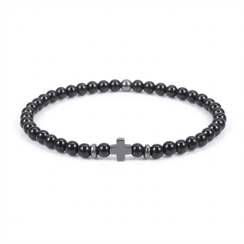 New Men’s Black Gallstone Cross Bracelet 4mm Volcanic Stone Red Turquoise Bracel