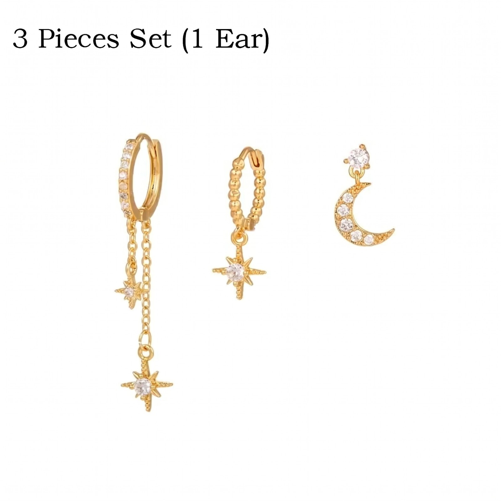 Moon Star Hoop Earrings CZ Chain Dangle Stud Gold Plated Stainless Steel Women
