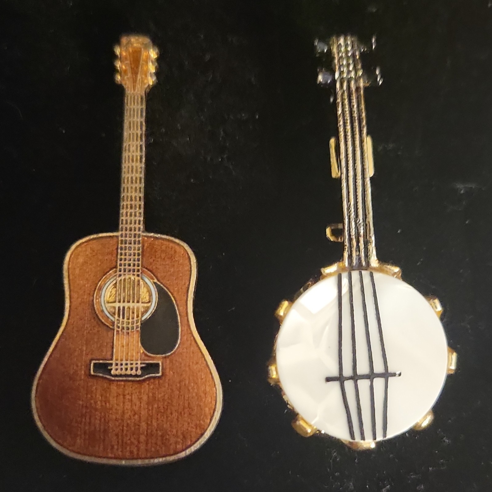 Vtg 1980s Future Primitive Guitar Pin & Mother of Pearl Banjo Brooch Music Set