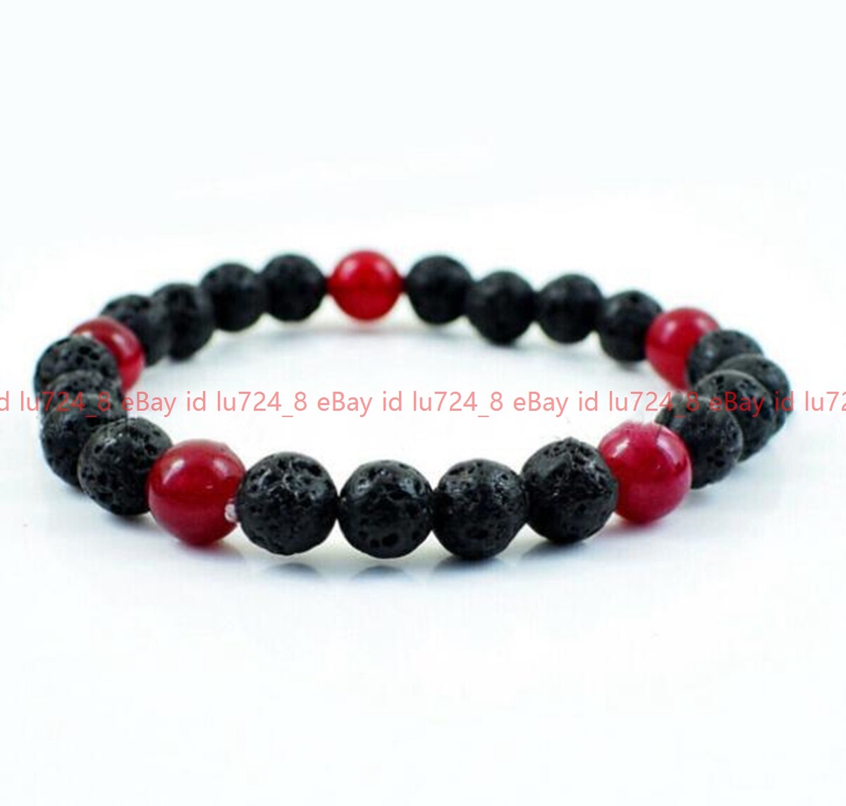 Natural 8-12mm Black Lava Stone & Red Jade Round Gem Beads Stretch Bracelet 7.5″