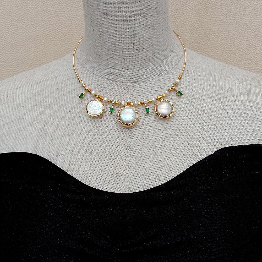 15″ Cultured White Coin Pearl Potato Pearl Cz Pave Choker Charm Necklace