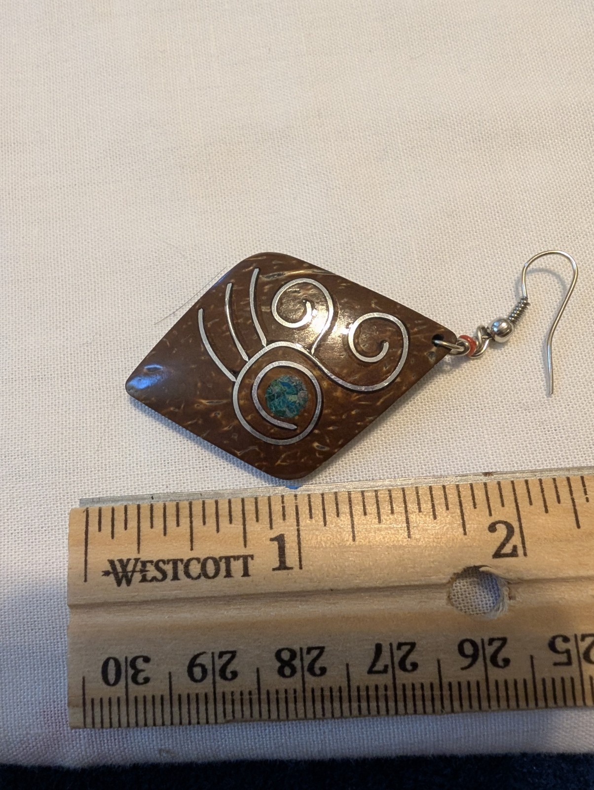 Set of Two Pairs Coconut Shell Earrings Stone and Metal Inlay Handmade