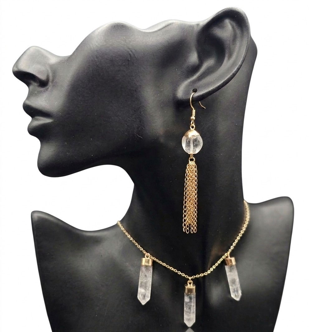 Natural Clear Quartz Towers 45mm Necklace 18-20″ And Earrings Gold Tone
