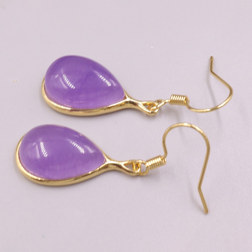 Gold Plated Alloy Heated Purple Jade Raindrop Charm Dangle Earrings 35mm H