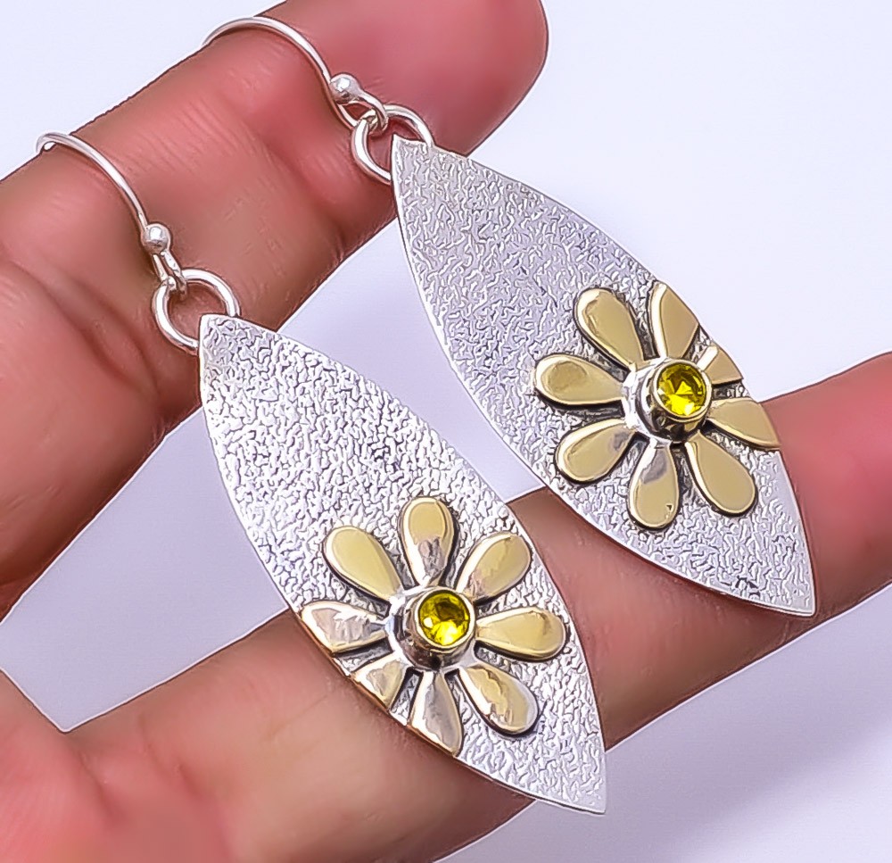 Lemon Quartz 925 Sterling Silver Handmade Two Tone Floral Earring 2.46″ E20