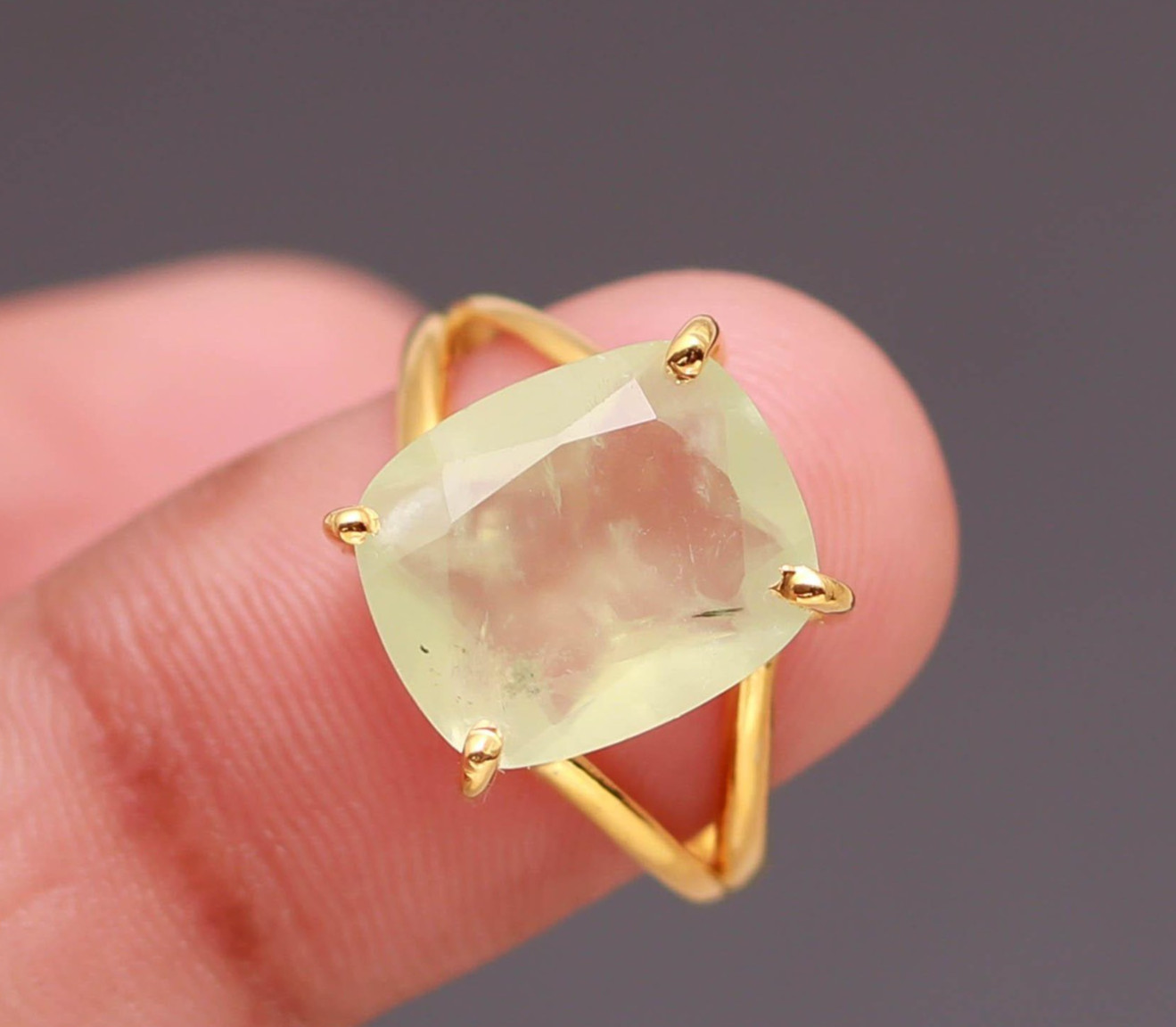 Natural Prehnite Cushion Ring 925 Sterling Silver Gold Filled Handmade Jewelry